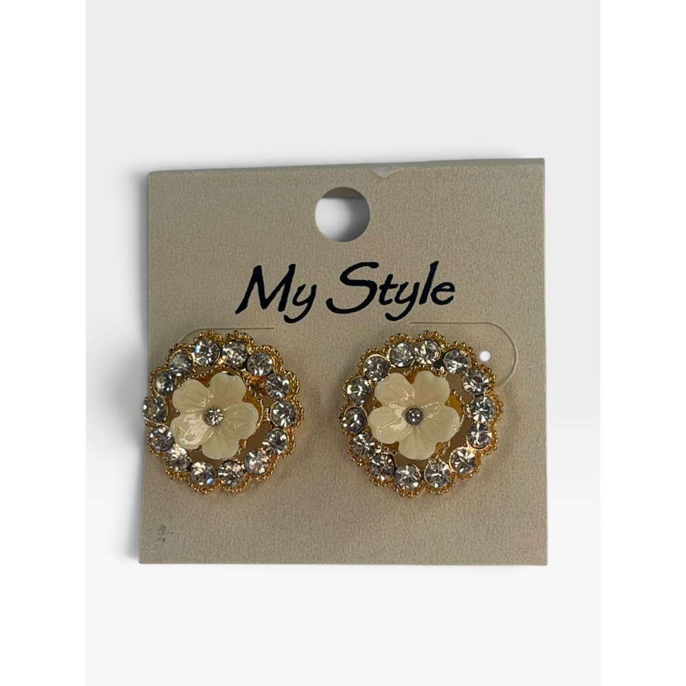My Style Gold Tone Cream Flower Rhinestone Halo Stud Earrings Floral Jewelry